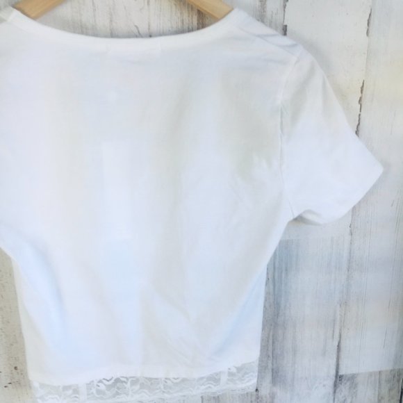 NWT Jonathan Simkhai STANDARD Cropped Top Ruched Tee Lace Hem White S - Picture 9 of 9